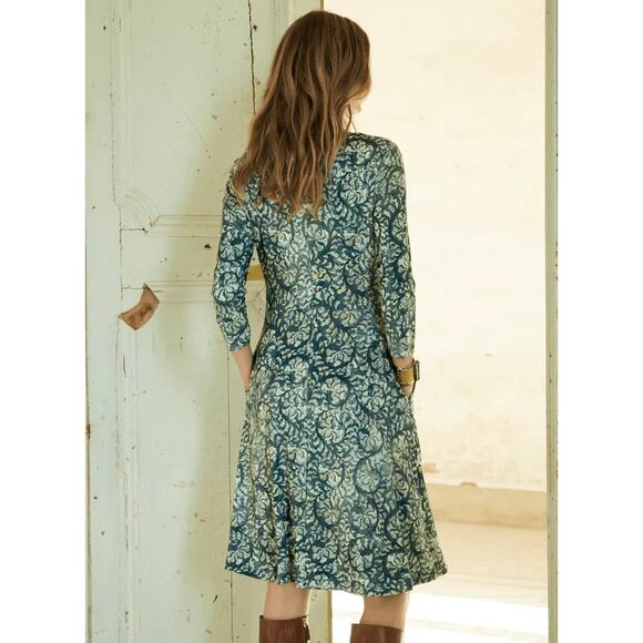 Peruvian Connection Sant'Elia Jersey Dress Lotus Blossom Denim Green Size Medium - Picture 2 of 9